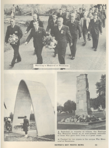 070 Memorial Ave Haumoana 1959 Hawkes Bay Photo News showing Memorial Arch and march.