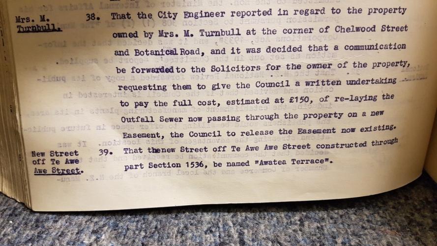 127 Awatea Terrace Palmerston North PNCC minute book to name the road Awatea Terrace 1939