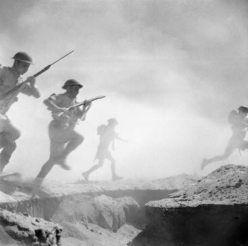 195 Alamein Avenue mangaroa British infantry advances through the dust and smoke of the battle.