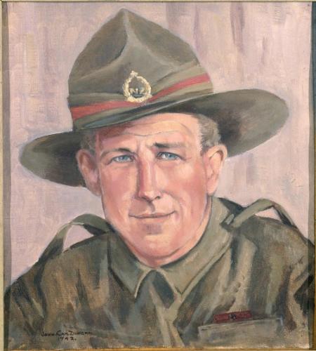 213 Hulme Place Napier Painting by John Cameron Duncan of Sergeant A C Hulme VC circa 1942